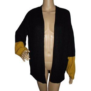 It's Our Time Medium Black Gold Open Front Boyfriend Cardigan Sweater pockets m